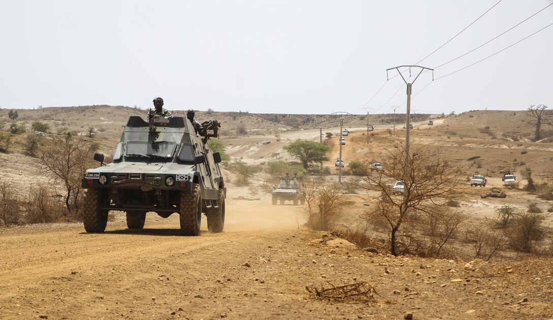 Armored vehicles with Senegal’s 5th Contingent in Mali and U.S. Marines with Special Purpose Marine Air-Ground Task Force – Crisis Response – Africa conduct convoy operations during a peacekeeping operations training mission at Thies, Senegal, June 6, 2017. Marines and Sailors with SPMAGTF-CR-AF served as instructors and designed the training to enhance the soldiers’ abilities to successfully deploy in support of United Nations peacekeeping missions in the continent. (U.S. Marine Corps photo by Sgt. Samuel Guerra/Released)