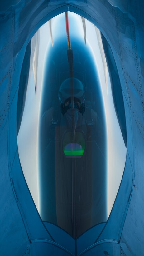 A 27th Expeditionary Fighter Squadron pilot receives fuel for an F-22 Raptor up to a 908th Expeditionary Air Refueling Squadron KC-10 Extender Aug. 22, 2017, in the skies over southwest Asia.