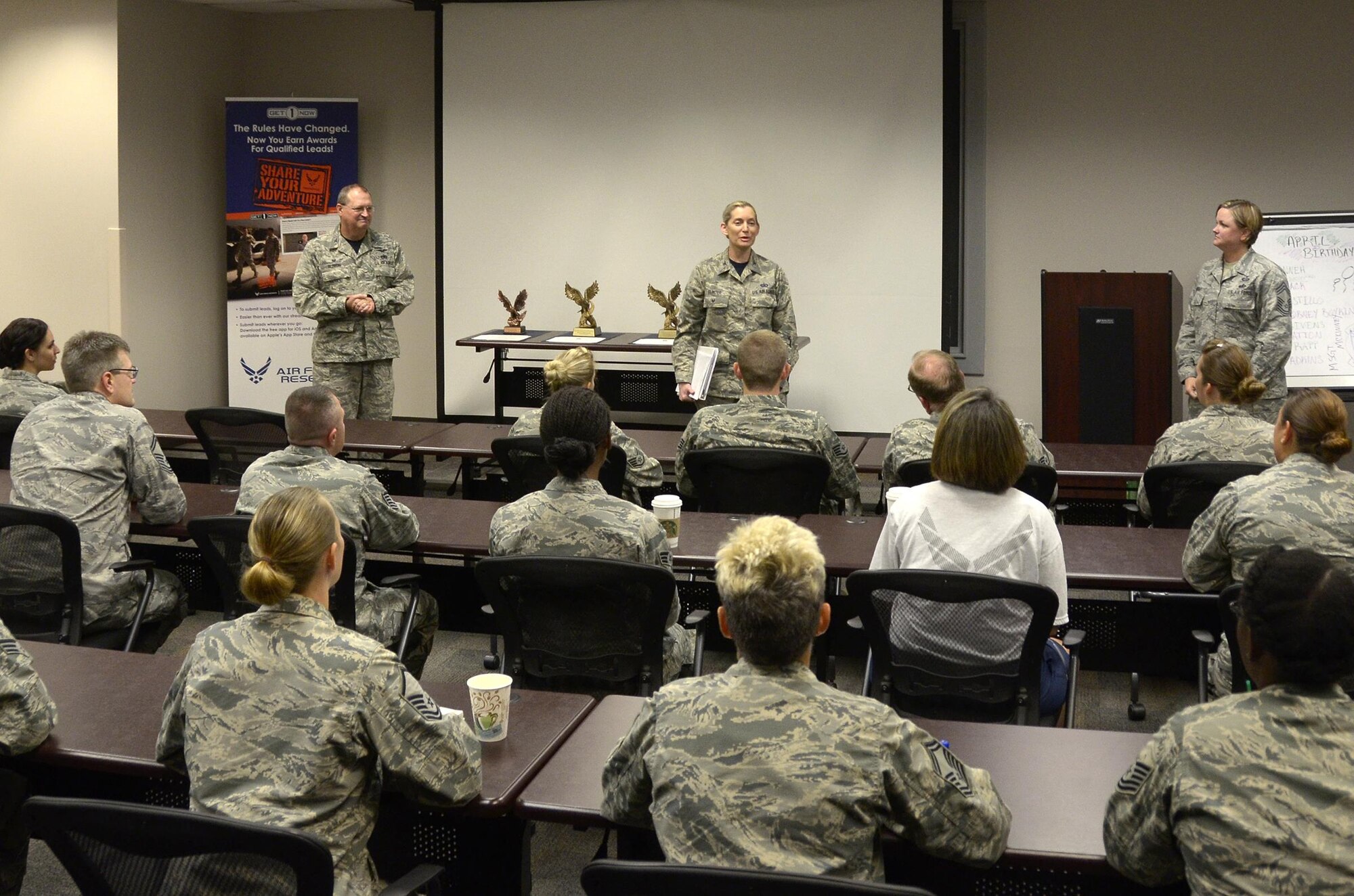 Airmen from the 445th Force support Squadron were presented with their 2016 A1 annual awards here by Col. Anne Gunter, director of manpower, personnel and services, Air Force Reserve Command, Robins Air Force Base, Georgia, August 5, 2017.