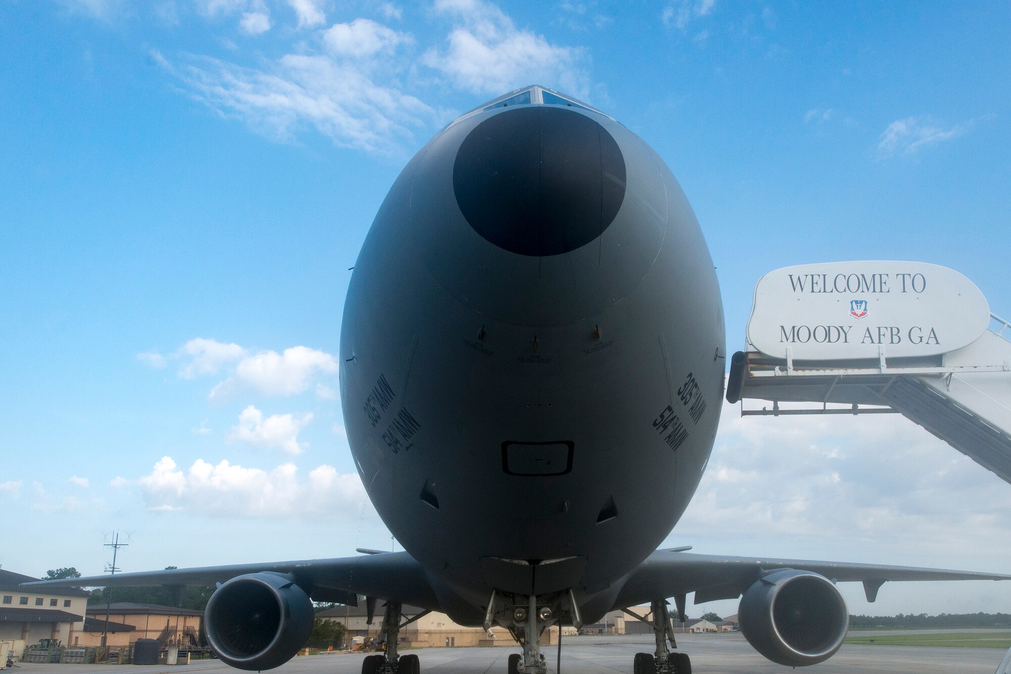 A KC-10 Extender from Joint Base McGuire-Dix-Lakehurst, N.J., sits on the flightline before takeoff, Aug. 19, 2017, at Moody Air Force Base, Ga. The Airmen were travelling to Nellis Air Force Base, Nev., to support the Weapons Instructor Course, which trains tactical experts and leaders to control and exploit air, space and cyberspace. (U.S. Air Force photo by Airman 1st Class Erick Requadt)