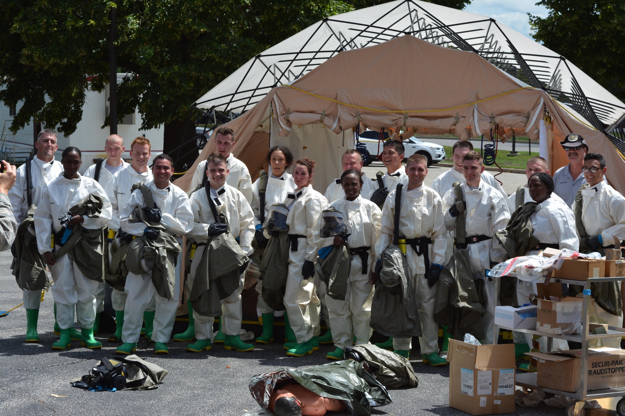 On Aug. 17-18, the 375th Medical Support Squadron conducted their quarterly In-Place Patient Decontamination training. The purpose of the training is to provide hands-on equipment training for those who may have to decontaminate patients exposed to harmful chemical, biological, or nuclear agents.