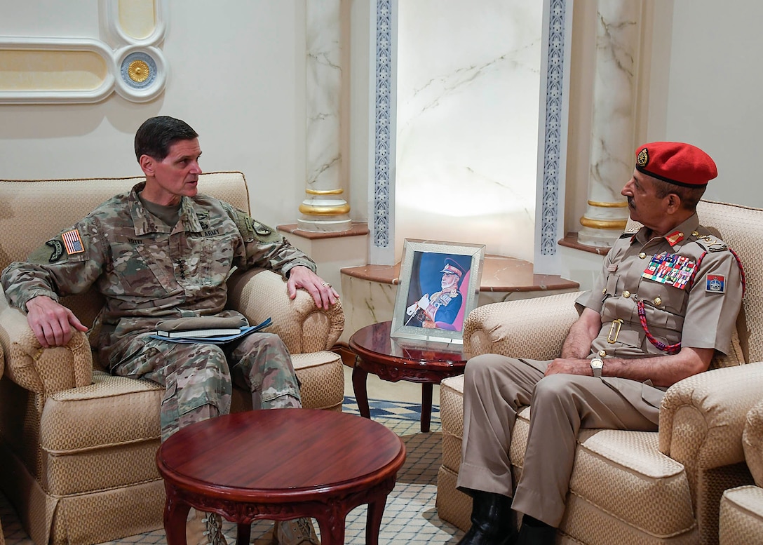 Muscat, Oman--U.S. Army Gen Joseph L. Votel, commander United States Central Command, meets with H.E. Lt Gen Ahmed Al-Nabhani, Chief of Staff Sultan’s Armed Forces, during his visit to Oman August 22, 2017. While there, Votel met with Oman leaders to discuss topics of mutual interest and the development of the port of Duqm.  (Department of Defense photo by U.S. Air Force Tech Sgt. Dana Flamer)