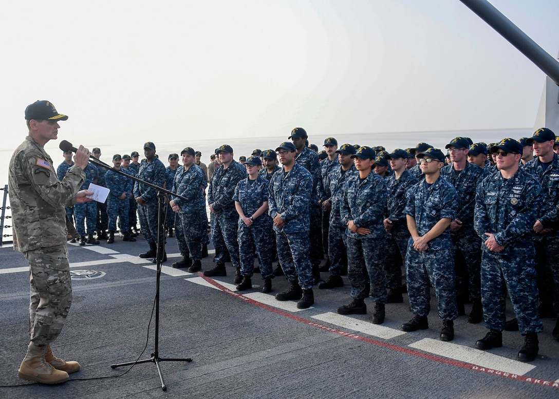 Duqm, Oman--U.S. Army Gen Joseph L. Votel, commander United States Central Command, addresses Sailors aboard USS Kidd (DDG 100) at the port of Duqm during his visit to Oman August 22, 2017. While there, Votel met with Omani leaders to discuss topics of mutual interest and the development of the port of Duqm. Votel also had the opportunity to visit Sailors docked at the port.  (Department of Defense photo by U.S. Air Force Tech Sgt. Dana Flamer)