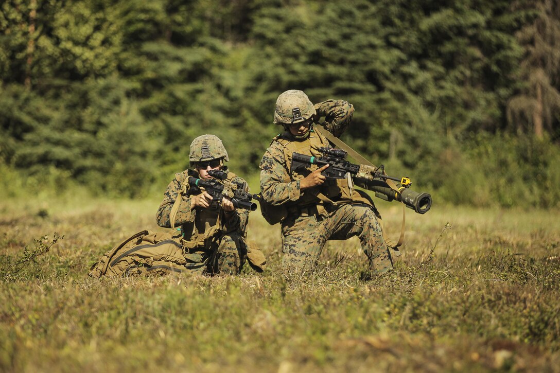 U.S. Marines with 3rd Battalion, 25th Marine Regiment, 4th Marine Division, Marine Forces Reserve, prepare to move out after being inserted by U.S. Army UH-60 Blackhawks to Landing Zone 15, Joint Base Elmendorf-Richardson, Alaska, Aug. 5, 2017.