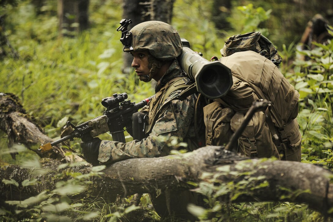 U.S. Marines with Super Squad Competition 2nd Squad, out of 2nd Battalion, 23rd Marine Regiment, 4th Marine Division, Marine Forces Reserve, maneuver through dense vegetation and alternating terrain while conducting offensive/defensive field operations on Joint Base Elmendorf-Richardson, Alaska, Aug. 6, 2017.
