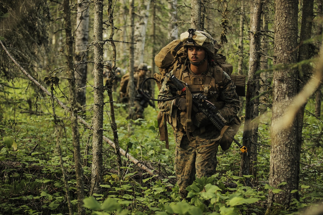 U.S. Marines with Super Squad Competition 2nd Squad, out of 2nd Battalion, 23rd Marine Regiment, 4th Marine Division, Marine Forces Reserve, maneuver through dense vegetation and alternating terrain while conducting offensive/defensive field operations on Joint Base Elmendorf-Richardson, Alaska, Aug. 6, 2017.