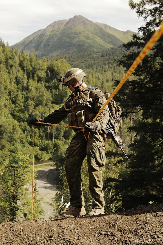 U.S. Marines with Super Squad Competition 1st Squad, out of 1st Battalion, 25th Marine Regiment, 4th Marine Division, Marine Forces Reserve, conduct rappelling operations during the Combat Marksmanship Endurance Test Phase II on Joint Base Elmendorf-Richardson, Alaska, Aug. 8, 2017.