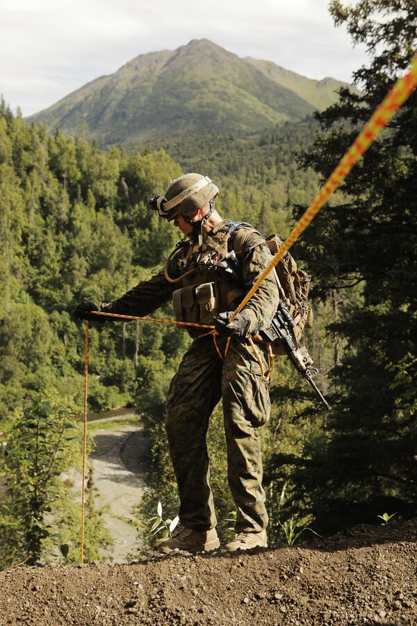 U.S. Marines with Super Squad Competition 1st Squad, out of 1st Battalion, 25th Marine Regiment, 4th Marine Division, Marine Forces Reserve, conduct rappelling operations during the Combat Marksmanship Endurance Test Phase II on Joint Base Elmendorf-Richardson, Alaska, Aug. 8, 2017. Super Squad Competitions were designed to evaluate a 14-man infantry squad throughout an extensive field and live-fire evolution. (U.S. Marine Corps photo by Sgt. Justin A. Bopp/Released)