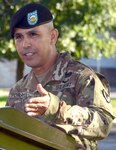 Command Sgt. Maj. Marco A. Torres addresses members of the Mission and Installation Contracting Command and guests during an assumption-of-responsibility ceremony Aug. 23, 2017, at Joint Base San Antonio-Fort Sam Houston, Texas. As the new MICC command sergeant major, Torres received the organizational colors from Col. William M. Boruff, the MICC commander, during the ceremony.
