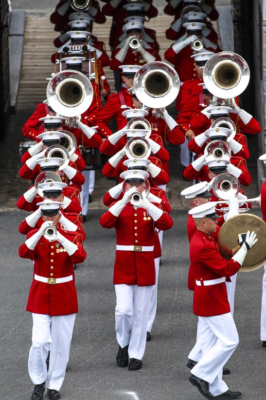 Marines with “The Commandant’s Own” U.S. Marine Drum & Bugle Corps perform alongside the Fort Henry Guard at Kingston, Ontario, Canada, Aug. 19, 2017. This visit marked the anniversary of the Ogdensburg Agreement, which was signed by President Franklin D. Roosevelt and Canadian Prime Minister William Lyon Mackenzie King to bind the two nations in the combined defense of North America. Since then, the two units have paraded together countless times both at the Fort and at Marine Barracks Washington. (Official U.S. Marine Corps photo by Lance Cpl. Damon McLean/Released)