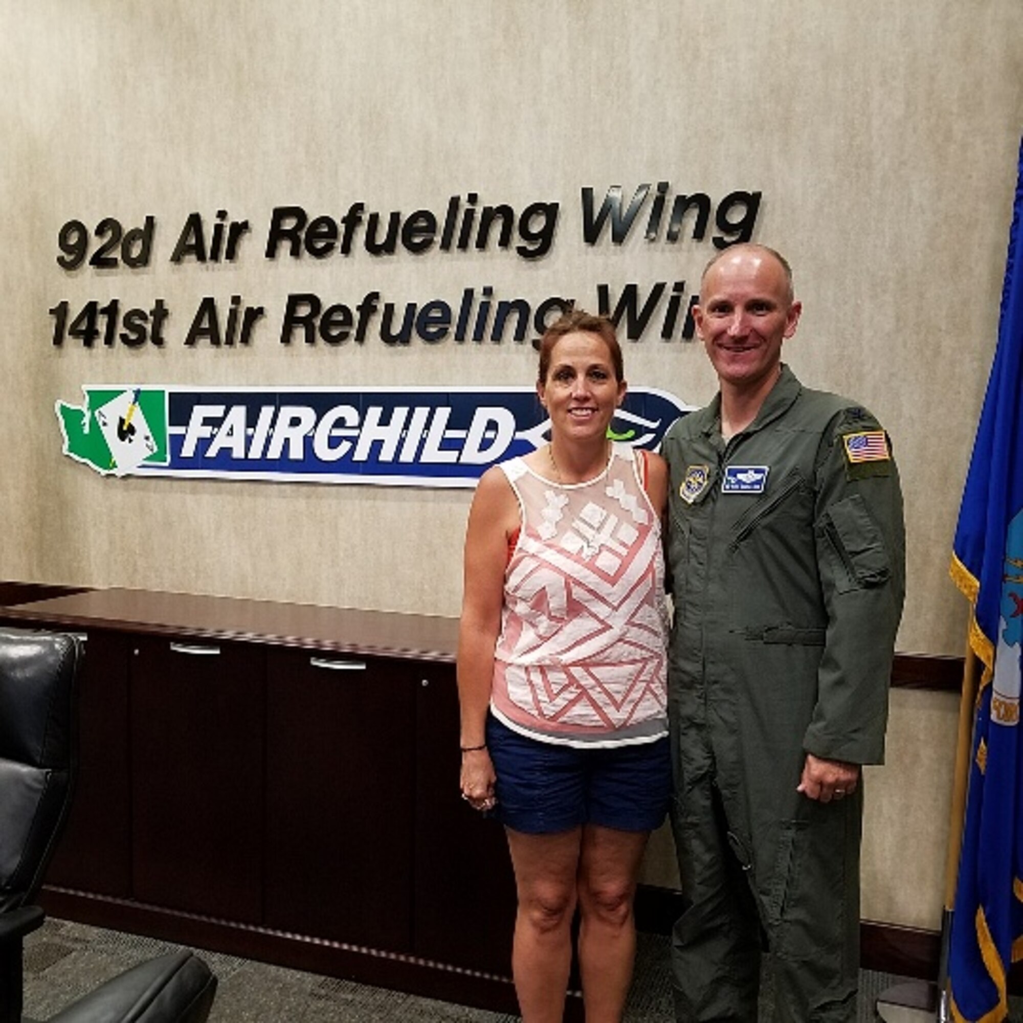 Tracy Finck, Fairchild’s first Gold Star Family member, stands with Col. Ryan Samuelson, 92nd Air Refueling Wing commander, Aug. 3, 2017 at Fairchild Air Force Base, Washington. The GSF program is for family members of Airmen who were killed in action during international terrorist attacks against the U.S., in a friendly foreign nation, or during military operations while serving outside the U.S. (Courtesy Photo)