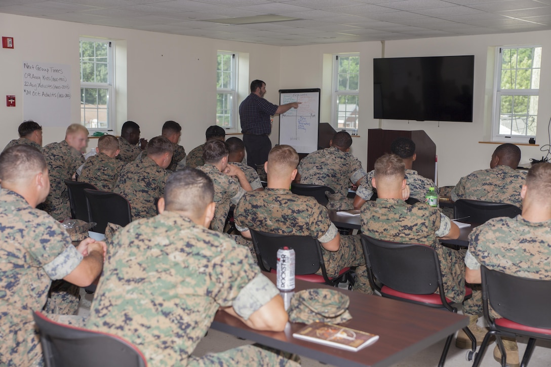 The motor transport unit, Marine Raider Support Group, U.S. Marine Corps Forces, Special Operation Command, participate in an interactive Peer 2 Peer exercise during a Four Lenses Temperament Discovery class at Stone Bay, Marine Corps Base Camp Lejeune, N.C., Aug. 18, 2017.  Over 30 Marines from MRSG’s motor transportation unit attend the 2-hour class on understanding the four main communication styles in their personal and professional lives. (U.S. Marine Corps photo by LCpl. Bryann K. Whitley)