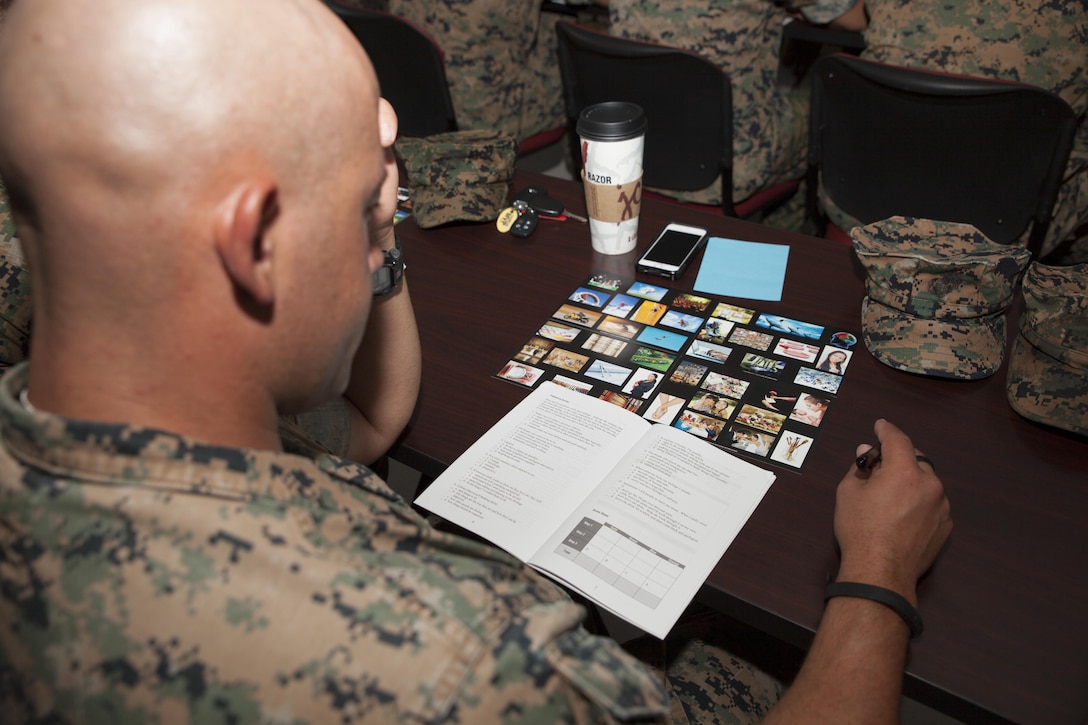 The motor transport unit, Marine Raider Support Group, U.S. Marine Corps Forces, Special Operation Command, participate in an interactive Peer 2 Peer exercise during a Four Lenses Temperament Discovery class at Stone Bay, Marine Corps Base Camp Lejeune, N.C., Aug. 18, 2017.  Over 30 Marines from MRSG’s motor transportation unit attend the 2-hour class on understanding the four main communication styles in their personal and professional lives. (U.S. Marine Corps photo by LCpl. Bryann K. Whitley)