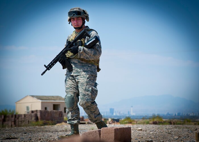 Staff Sgt. Israel Garcia, 926th Security Forces Squadron patrolman, conducts foot patrol within the simulated Forward Operating Base at Camp Cobra, August 5, 2017, at Nellis Air Force Base, Nev.
