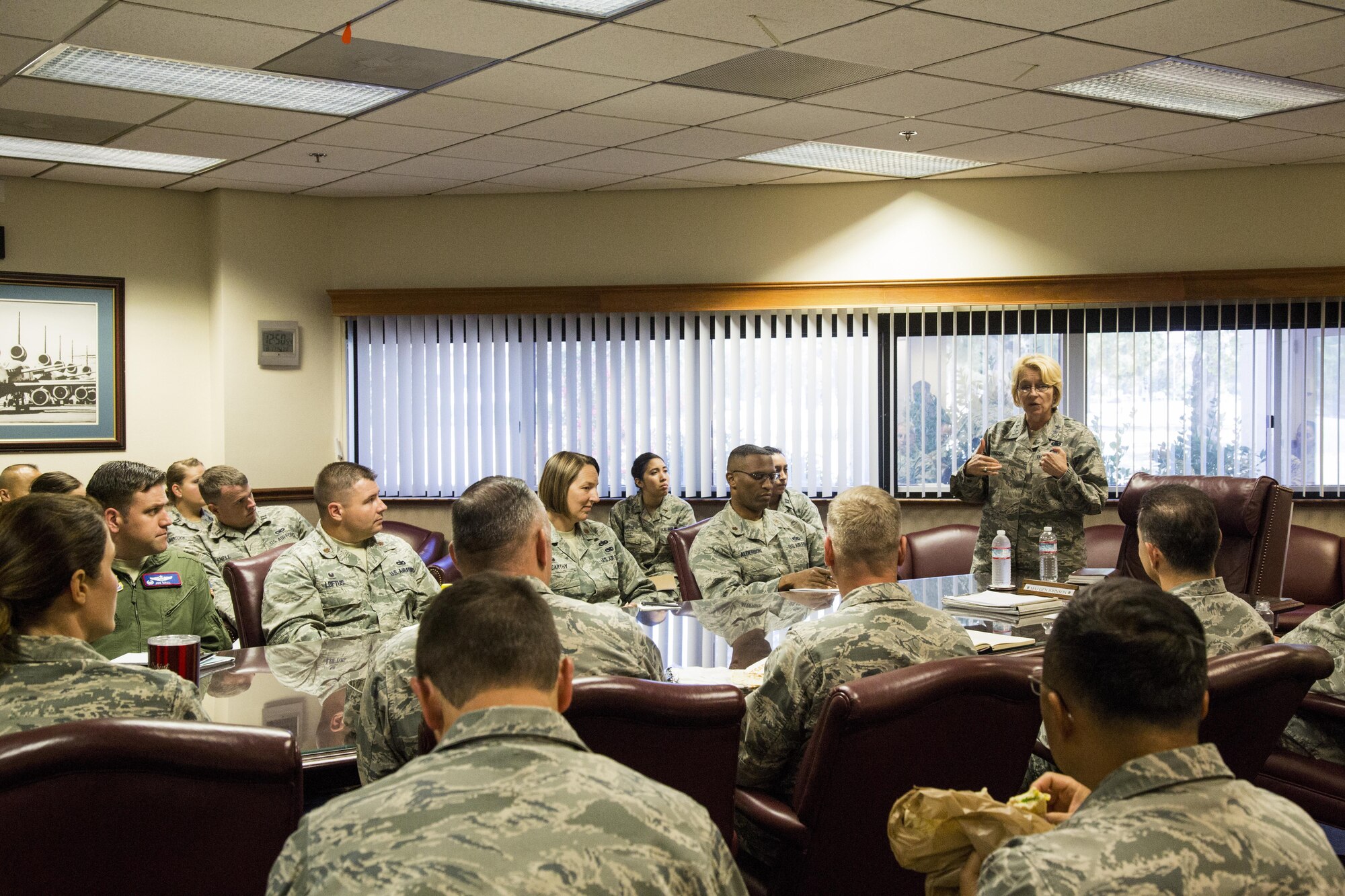 Maj. Gen. Kathryn Johnson, Director of Logistics, AFRC, provides senior leadership mentoring to 349th AMW company and field grade officers during a brown bag luncheon at Travis AFB, Calif., Aug. 13, 2017.