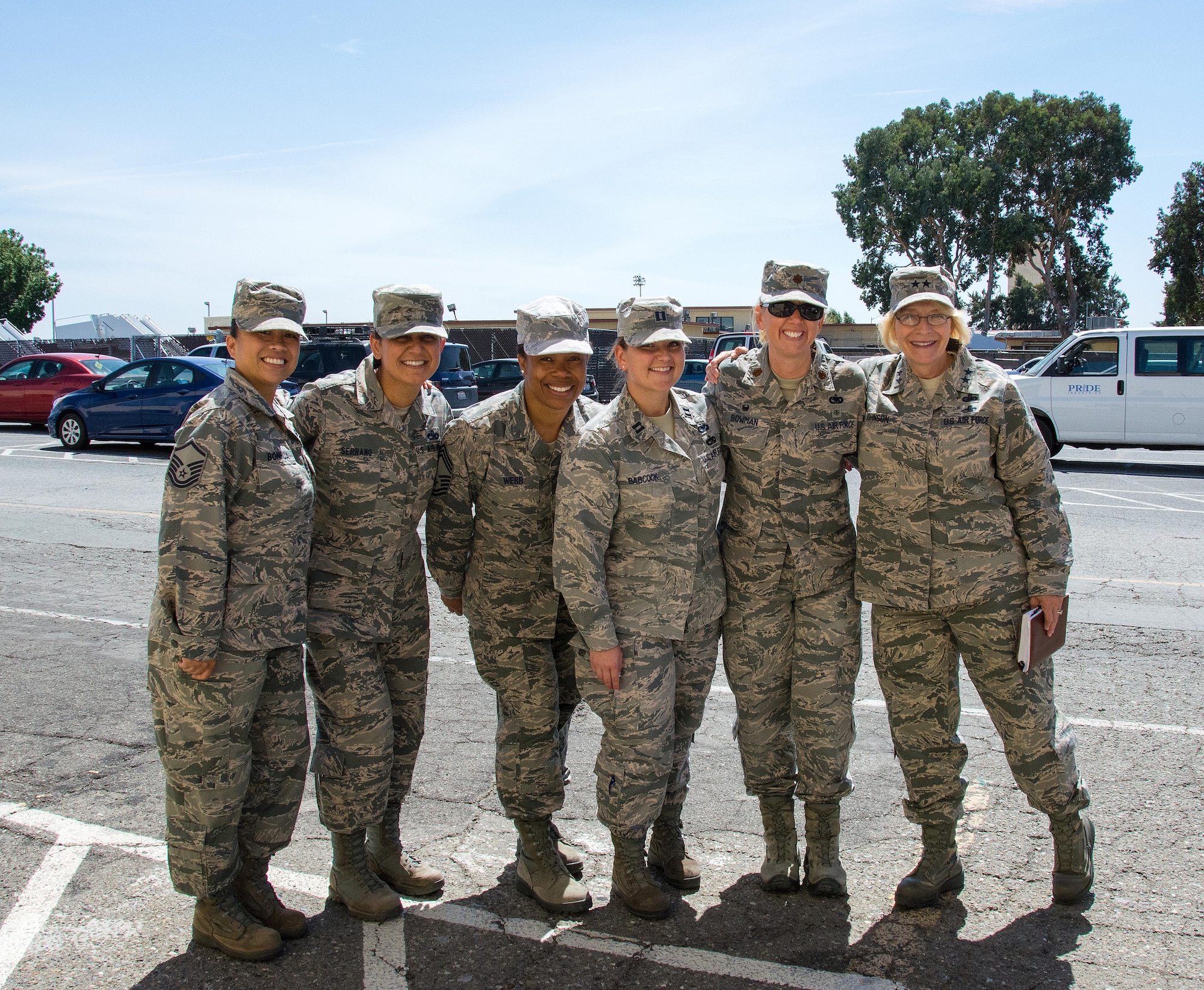 Members of the 349th Logistics Readiness Squadron pose for a photo with Maj. Gen. Kathryn Johnson, Air Force Reserve Command director of logistics, at Travis Air Force Base, Calif., on Aug. 14, 2017.