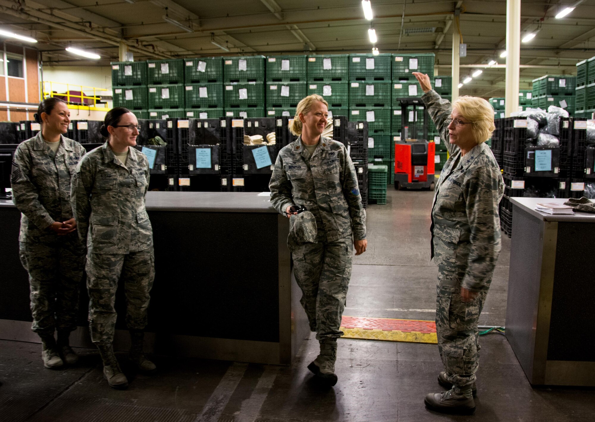 Maj. Gen. Kathryn Johnson, Air Force Reserve Command director of logistics, speaks with members of the 349th Logistics Readiness Squadron at Travis Air Force Base, Calif., on Aug. 13, 2017.