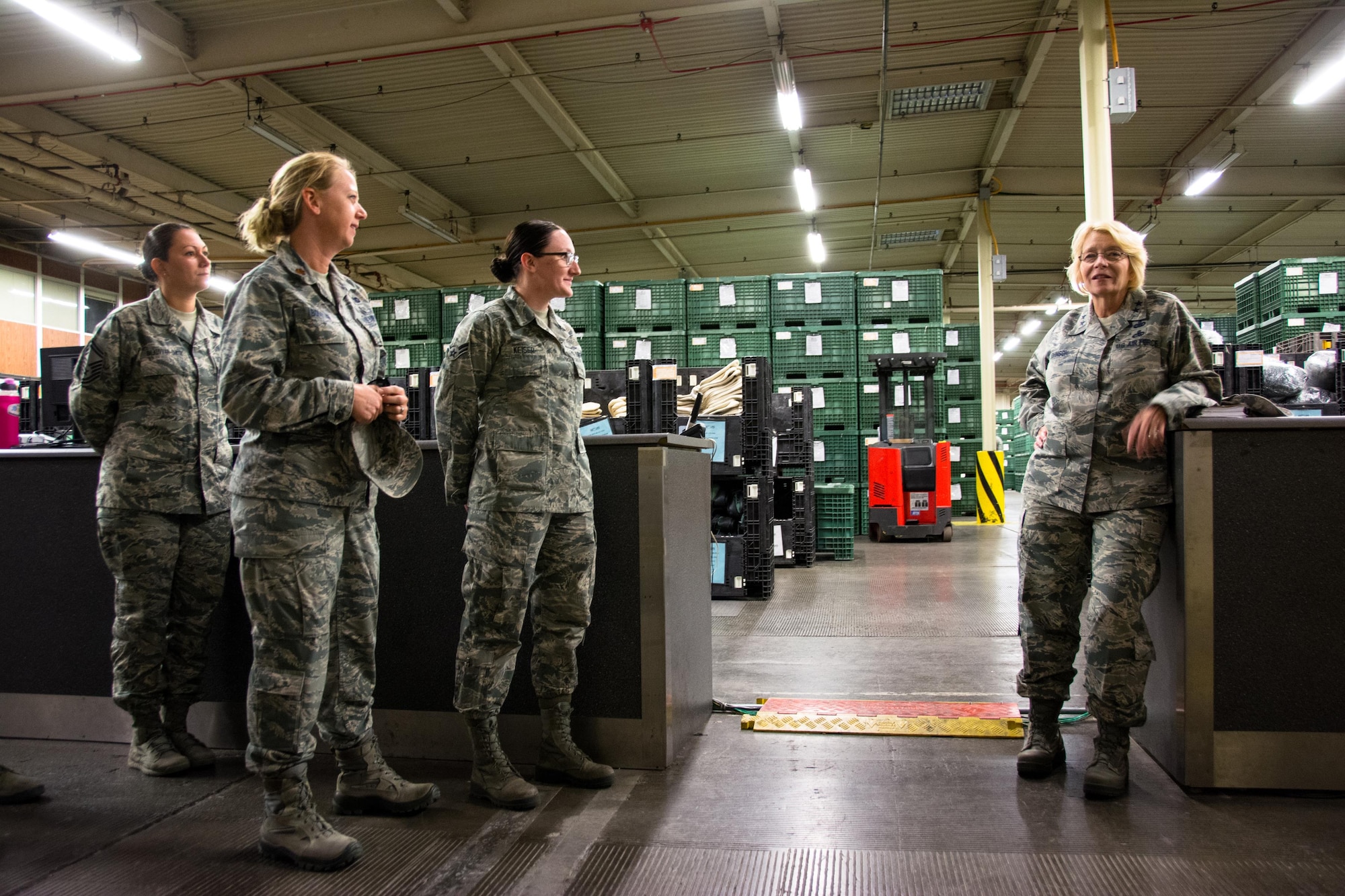 Maj. Gen. Kathryn Johnson, Air Force Reserve Command director of logistics, speaks with members of the 349th Logistics Readiness Squadron at Travis Air Force Base, Calif., on Aug. 13, 2017.