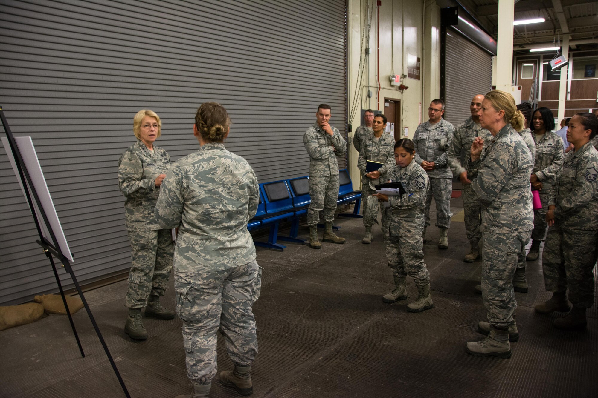 Maj. Gen. Kathryn Johnson, Air Force Reserve Command director of logistics, speaks with members of the 349th Logistics Readiness Squadron at Travis Air Force Base, Calif., on Aug. 13, 2017.