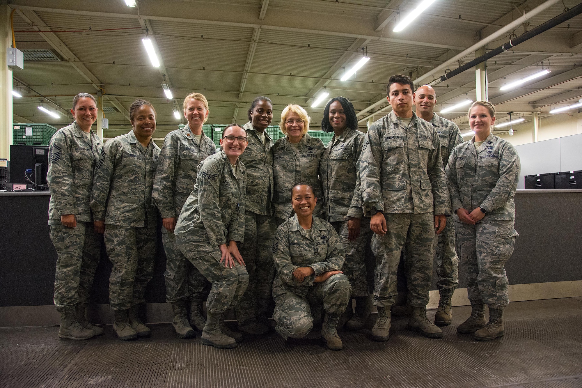 Members of the 349th Logistics Readiness Squadron pose for a photo with Maj. Gen. Kathryn Johnson, Air Force Reserve Command director of logistics, at Travis Air Force Base, Calif., on Aug. 14, 2017. Johnson toured Travis and recognized outstanding Airmen around the 349th Air Mobility Wing. (U.S. Air Force photo by Staff Sgt. Daniel Phelps)