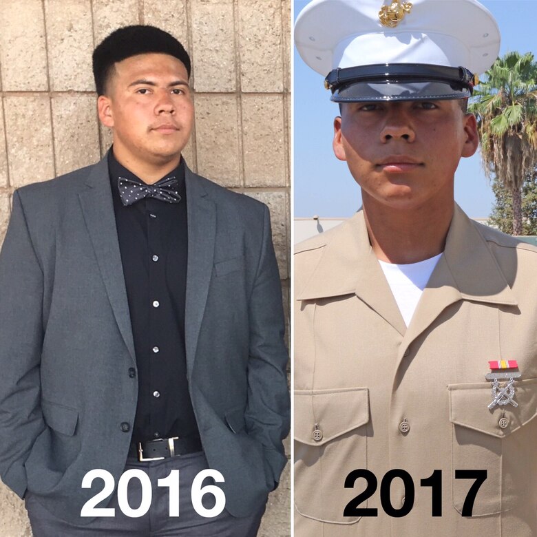 In 2016, Brian J. Rodriguez-Martinez weighed 242 pounds. Now, in 2017, and as a Marine Private, he weighs 167 pounds. By working out consistently and eating healthy, he lost more than 70 pounds and earned the title of United States Marine.