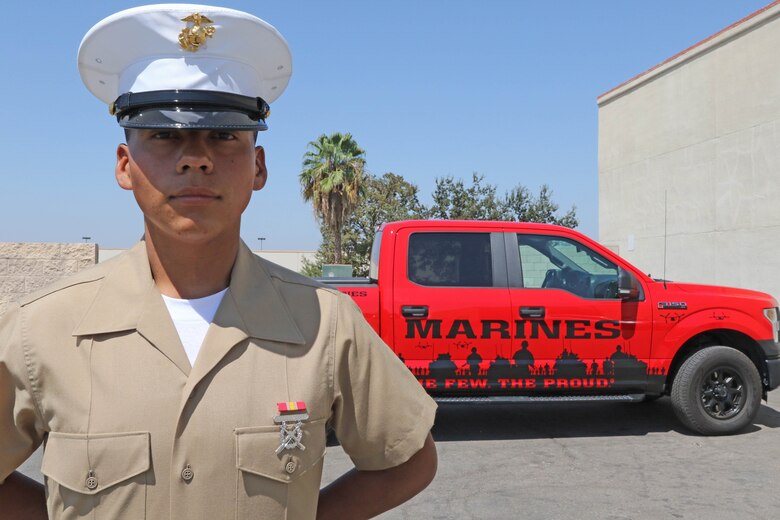 Private Brian J. Rodriguez-Martinez of Recruiting Sub Station Bakersfield East, Recruiting Station Los Angeles, and graduate of East Bakersfield High School lost more than 70 pounds and earned the title of United States Marine. (U.S. Marine Corps photo by Staff Sgt. Alicia R. Leaders/Released)