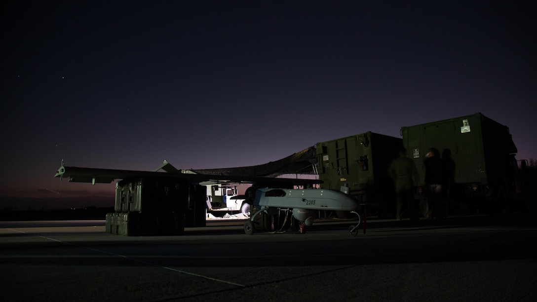 An RQ-7 Shadow Tactical Unmanned Aircraft System waits to be assembled on Camp Pendleton, Calif., August 19th, 2017.