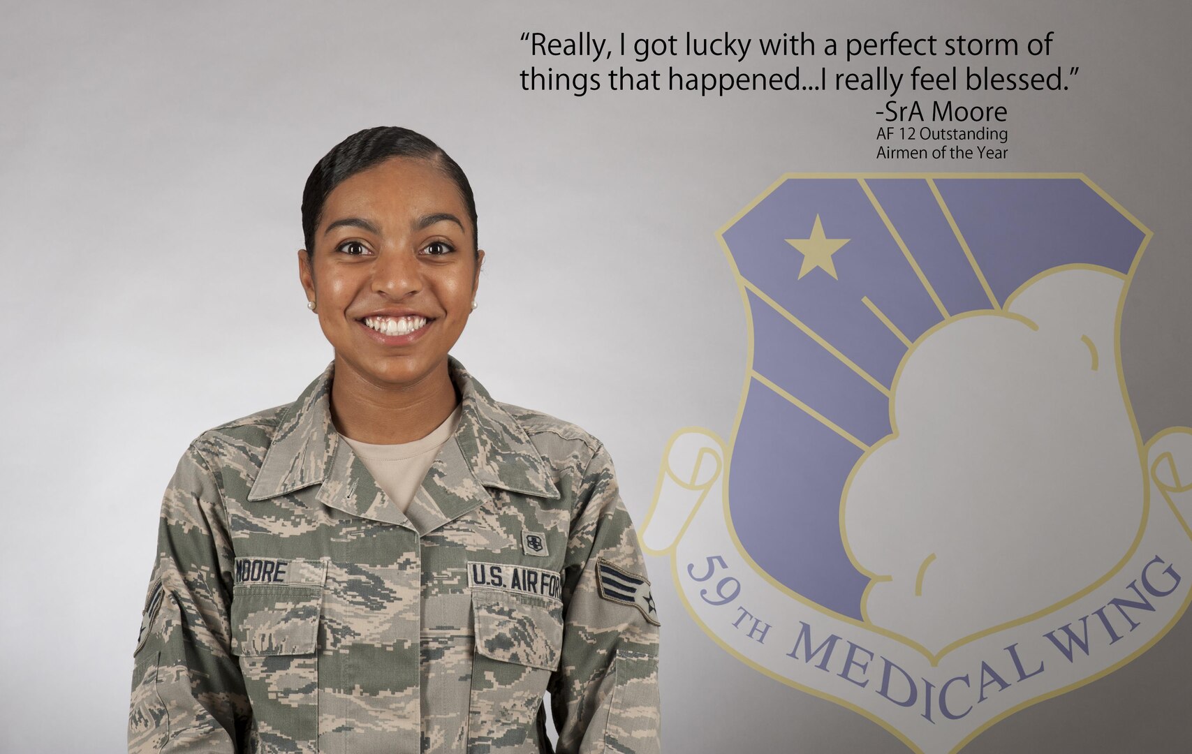 Senior Airman Nicole Moore, 59th Medical Wing medical technician, was recognized as one of the Air Force 12 Outstanding Airmen of the Year for 2017, July 7th, 2017. An Air Force selection board at the Air Force Personnel Center considered 36 nominees who represented major commands, direct reporting units, field operating agencies and Headquarters Air Force. The board selected the final 12 Airmen based on superior leadership, job performance and personal achievements.