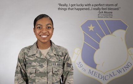Senior Airman Nicole Moore, 59th Medical Wing medical technician, was recognized as one of the Air Force 12 Outstanding Airmen of the Year for 2017, July 7th, 2017. An Air Force selection board at the Air Force Personnel Center considered 36 nominees who represented major commands, direct reporting units, field operating agencies and Headquarters Air Force. The board selected the final 12 Airmen based on superior leadership, job performance and personal achievements.