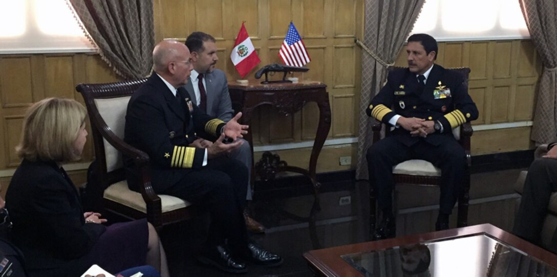 Navy Adm. Kurt Tidd, commander of U.S. Southern Command, meets with Adm. José Paredes, chief of the Peruvian Armed Forces Joint Staff