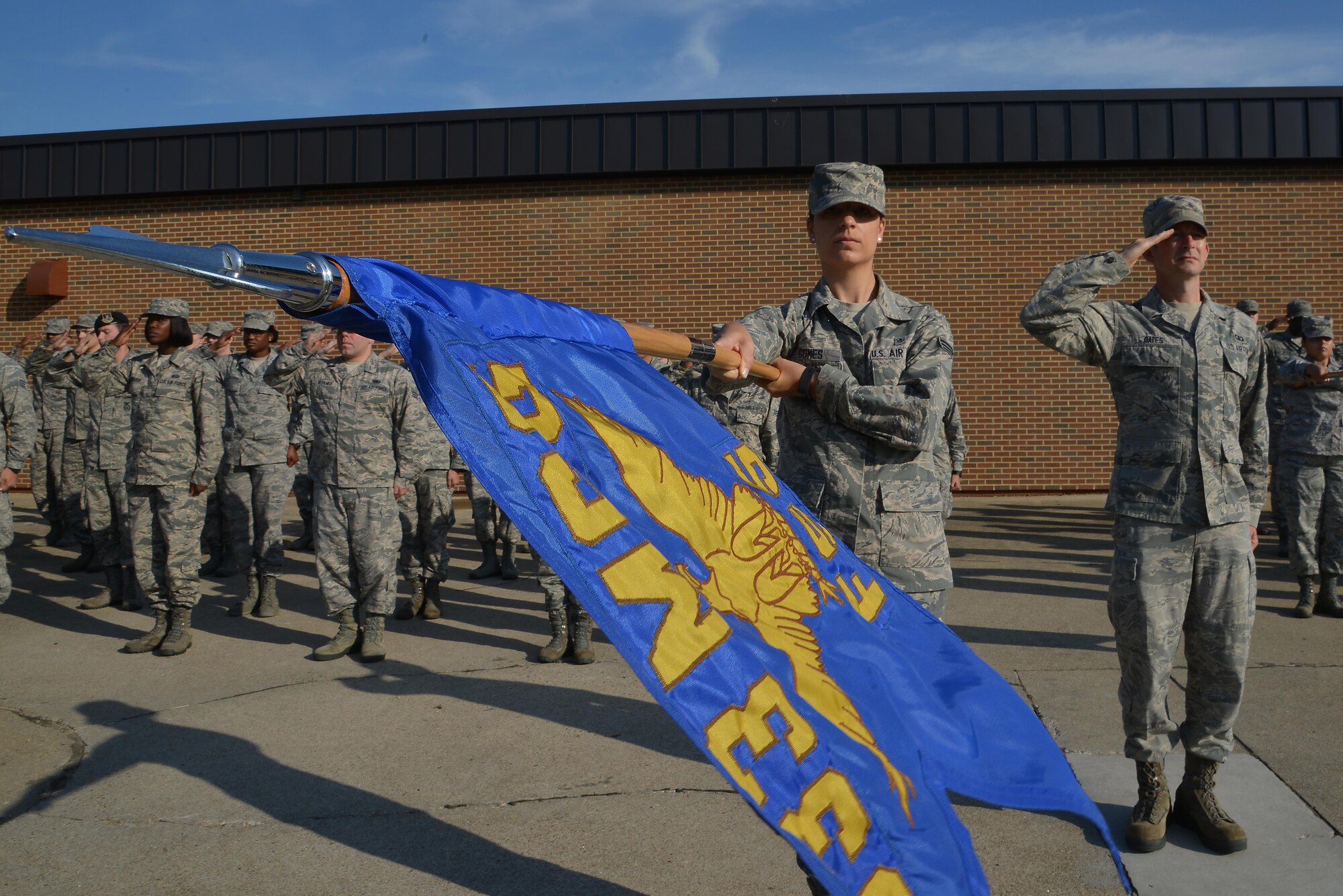 Langley Air Force Base Airman Leadership School students stand in formation for the raising of the U.S. flag on Joint Base Langley-Eustis, Va., Aug. 1, 2017.