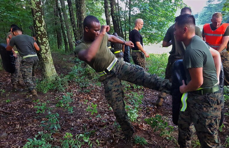 Marine Corps NCOs practice martial arts techniques during the physical training session.