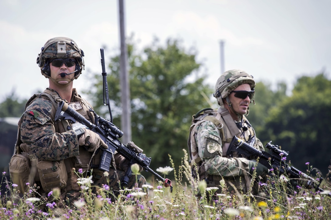 Two service members stand guard in a field with weapons.