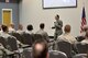 U.S Air Force Chief Master Sgt. Juliet Gudgel, Air Education and Training Command command chief, speaks with 17th Training Wing senior leaders at the Event Center on Goodfellow Air Force Base, Aug. 22, 2017. He also introduced iMatter, a program featured on AETC’s website. (U.S. Air Force photo by Airman 1st Class Randall Moose/Released)