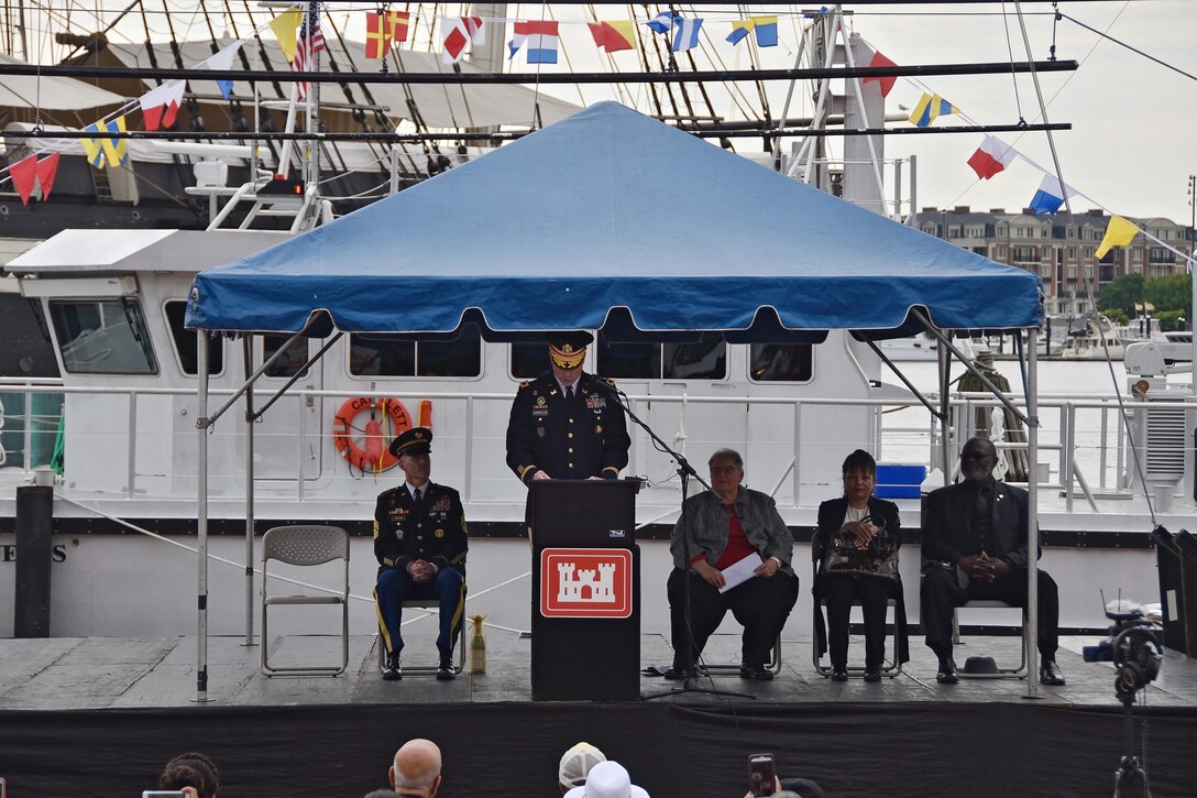 U.S. Army Corps of Engineers, Baltimore District, Commander Col. Ed. Chamberlayne hosted the dedication ceremony for Baltimore District’s new hydrographic survey vessel, Survey Vessel CATLETT, in Baltimore’s Inner Harbor Thursday morning August 24, 2017. Ceremony participants on stage with Chamberlayne are U.S. Army Corps of Engineers, Headquarters, Command Sgt. Maj. Bradley Houston, Maryland Port Administration Director of Harbor Development Chris Correale, Angela Leone, sister of Harold Catlett for whom the vessel is named and Rev. Willie Pack, a Baltimore District employee who worked with Harold in Baltimore District’s Navigation Branch.