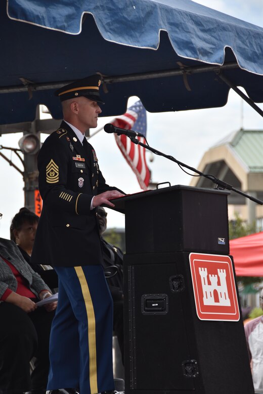 U.S. Army Corps of Engineers, Headquarters, Command Sgt. Maj. Bradley Houston provides remarks about the importance of the Corps of Engineers’ navigation mission and the late Harold Catlett at the dedication ceremony for the U.S. Army Corps of Engineers, Baltimore District’s new hydrographic survey vessel, Survey Vessel CATLETT Thursday morning August 24, 2017. "This vessel contributes to not only the Maryland economy but also to the prosperity of the entire nation," Houston said. "As we think about Harold, be aware of the vital mission this vessel will carry out. May the CATLETT serve to keep alive the name, memory and spirit of Harold."