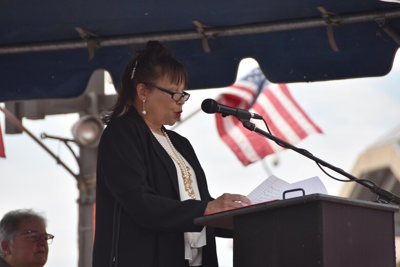 Angela Leone, sister of the late Harold Catlett, provides remarks Thursday morning August 24, 2017 at the dedication ceremony for the U.S. Army Corps of Engineers, Baltimore District’s new hydrographic survey vessel, Survey Vessel CATLETT, named in her brother’s honor. Catlett was a hydrographic surveyor with Baltimore District for roughly 30 years before his sudden passing in 2014. Leone thanked the Corps of Engineers for honoring her brother in such a significant way. “The survey vessel was a second home to Harold," Leone said. "This is an historic and proud moment to see the Catlett name on the side of this new vessel."