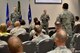 U.S Air Force Lt. Gen. Darryl Roberson, Air Education and Training Command commander, and Chief Master Sgt. Juliet Gudgel, AETC command chief, answer questions for 17th Training Wing senior leaders at the Event Center on Goodfellow Air Force Base, Aug. 22, 2017. Roberson’s message to Airmen was to speak up with new ideas. (U.S. Air Force photo by Airman 1st Class Randall Moose/Released)