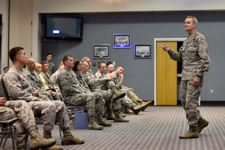 U.S Air Force Lt. Gen. Darryl Roberson, Air Education and Training Command commander, visits with 17th Training Wing senior leaders at the Event Center on Goodfellow Air Force Base, Aug. 22, 2017. Roberson’s message to Airmen was to speak up with new ideas. (U.S. Air Force photo by Airman 1st Class Randall Moose/Released)