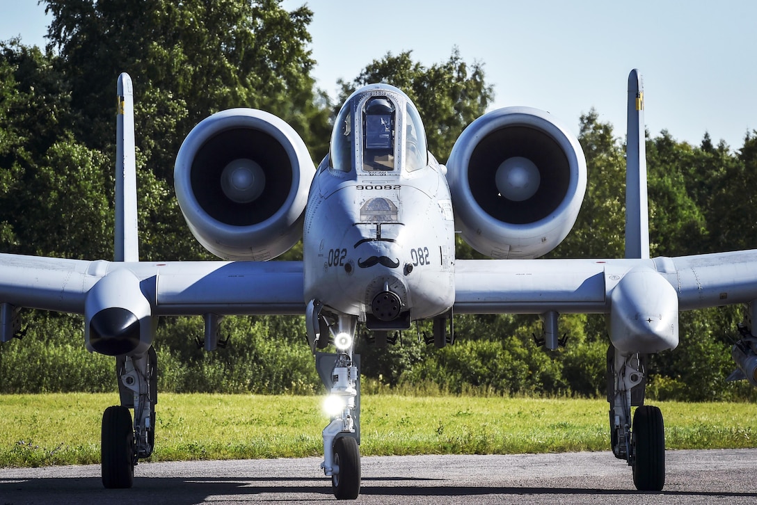 The front of an A-10 Thunderbolt II aircraft.