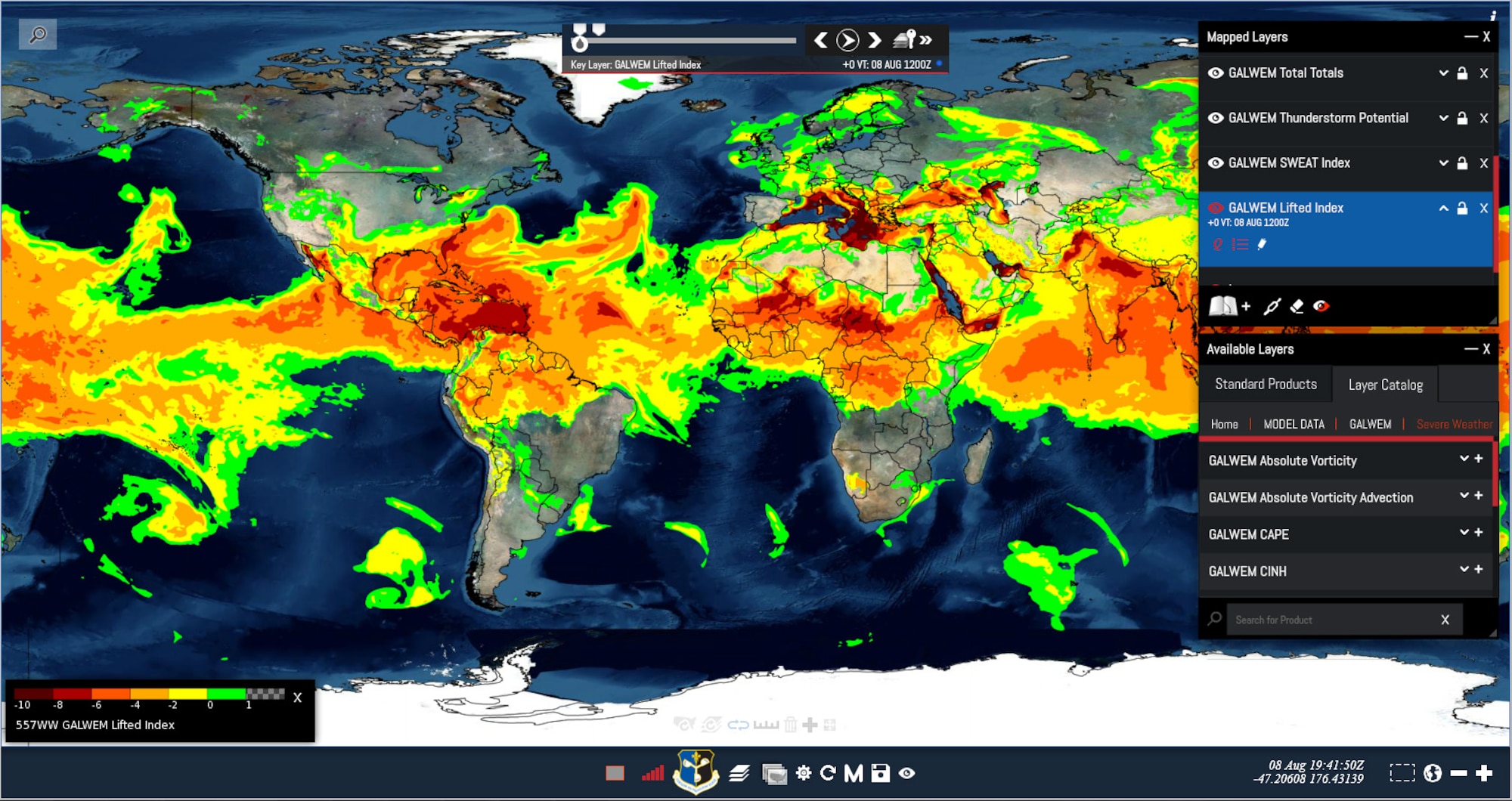 The Thor weather forecasting supercomputer acquired in May 2017 by Air Force Life Cycle Management Center, Hanscom Air Force Base, Mass., generates thunderstorm likelihood and potential, and compiles many other weather scenarios that could impact military operations. When purchased, Thor was ranked the 150th most powerful supercomputer on earth, and is now located at Offutt AFB, Neb. (U.S. Air Force Graphic by Benjamin Newell)