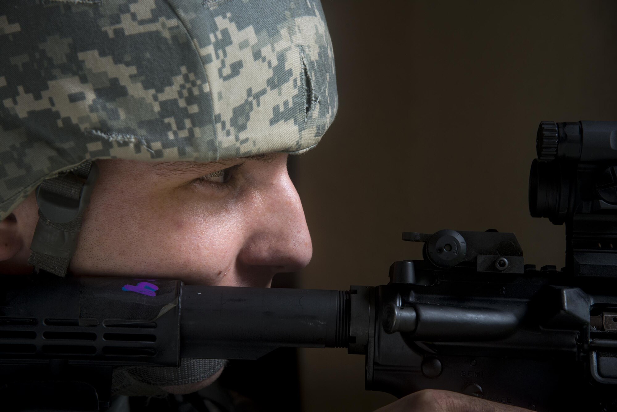 Senior Airman Dennis Capps, 23d Security Forces Squadron patrolman, guards an entry control point during an emergency response exercise, Aug. 22, 2017, at Moody Air Force Base, Ga. The purpose of this active-shooter exercise was to inspect the recovery phase of an emergency situation while maintaining realism as members still responded as normal. (U.S. Air Force photo by Airman 1st Class Erick Requadt)