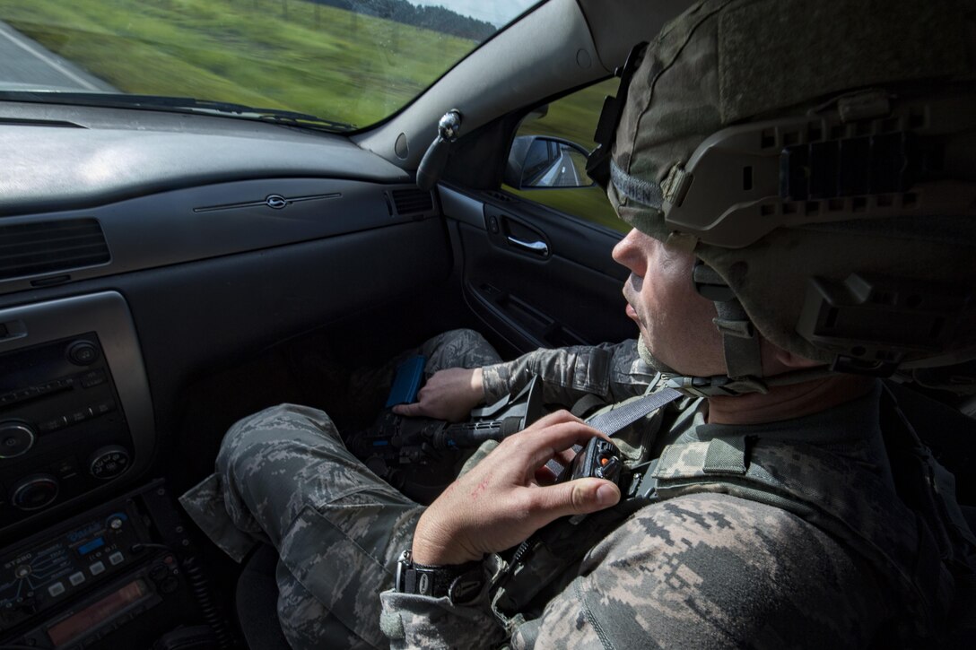 Tech. Sgt. Bert Leuschen, 23d Security Forces Squadron flight sergeant, responds to a simulated active shooter situation during an emergency response exercise, Aug. 22, 2017, at Moody Air Force Base, Ga. The purpose of this active-shooter exercise was to inspect the recovery phase of an emergency situation while maintaining realism as members still responded as normal. (U.S. Air Force photo by Airman 1st Class Daniel Snider)