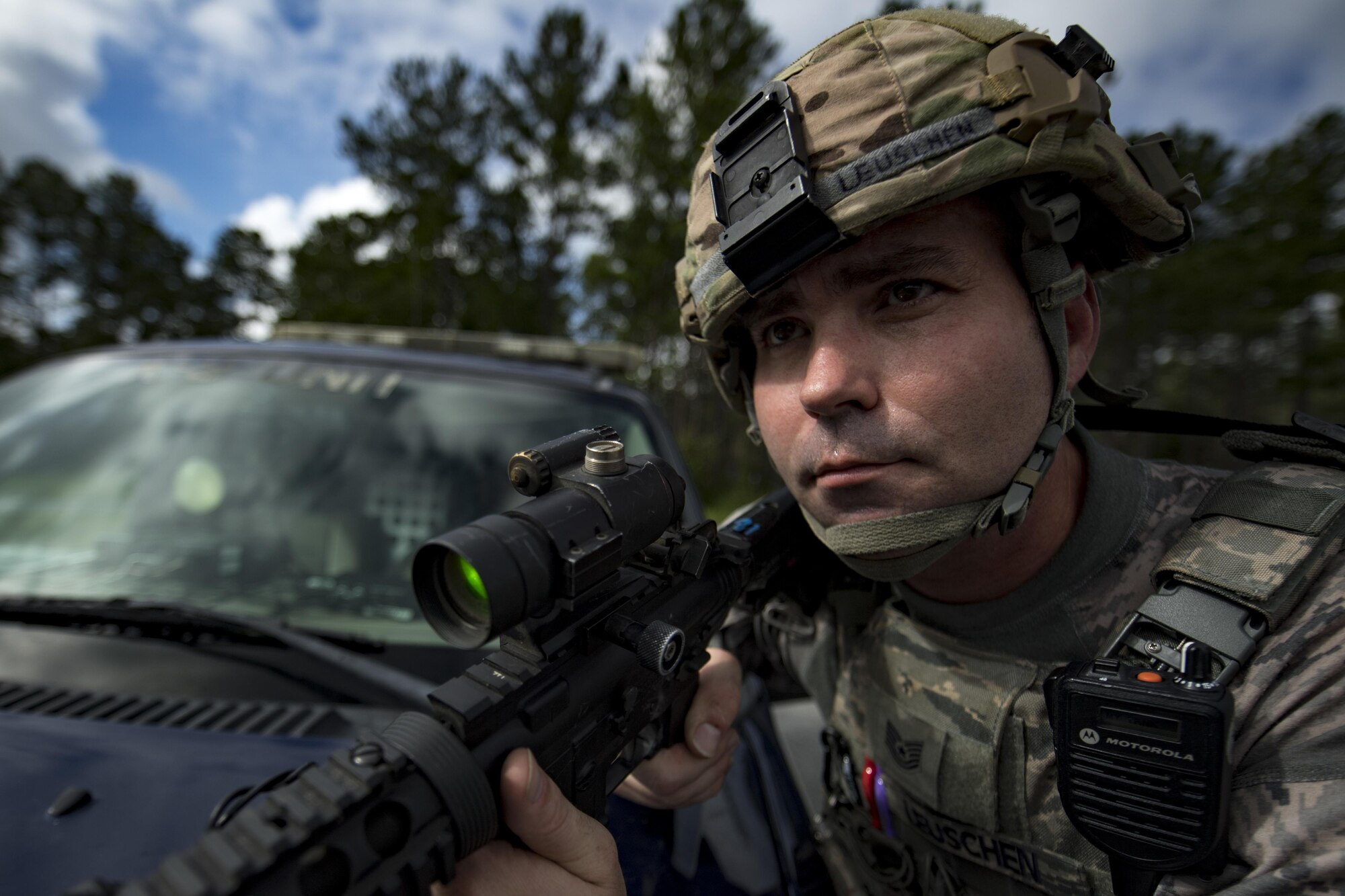 Tech. Sgt. Bert Leuschen, 23d Security Forces Squadron flight sergeant, secures the scene of an emergency response exercise, Aug. 22, 2017, at Moody Air Force Base, Ga. The purpose of this active-shooter exercise was to inspect the recovery phase of an emergency situation while maintaining realism as members still responded as normal. (U.S. Air Force photo by Airman 1st Class Daniel Snider)