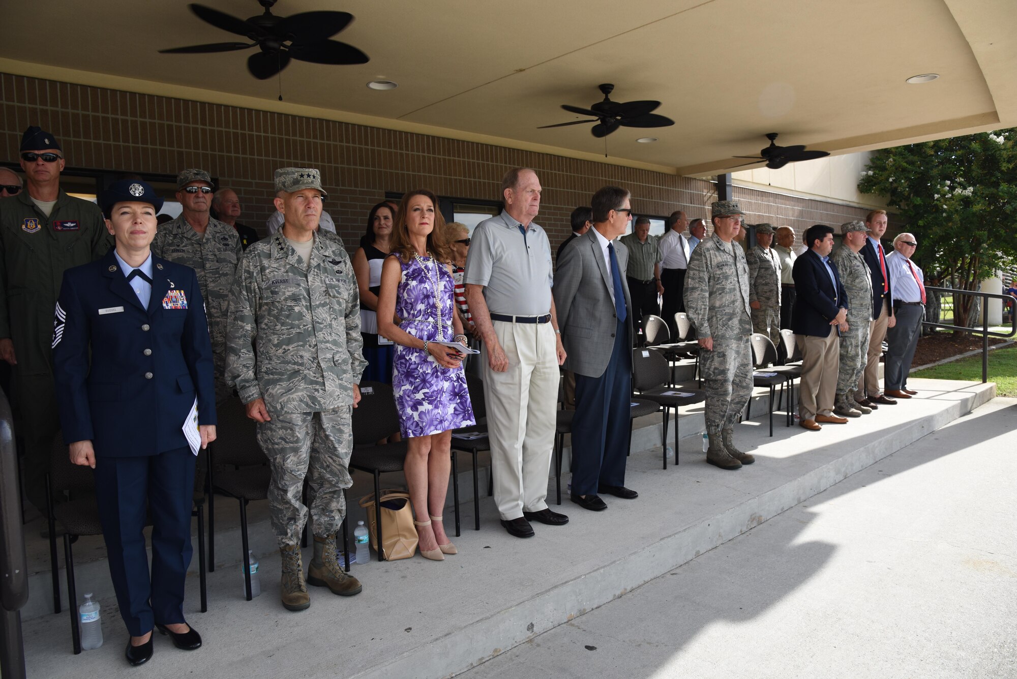 Distinguished visitors attend the 2nd Air Force change of command ceremony at the Levitow Training Support Facility Aug. 23, 2017, on Keesler Air Force Base, Miss. Maj. Gen. Timothy Leahy took command of 2nd AF during the ceremony from Maj. Gen. Bob LaBrutta. (U.S. Air Force photo by Kemberly Groue)