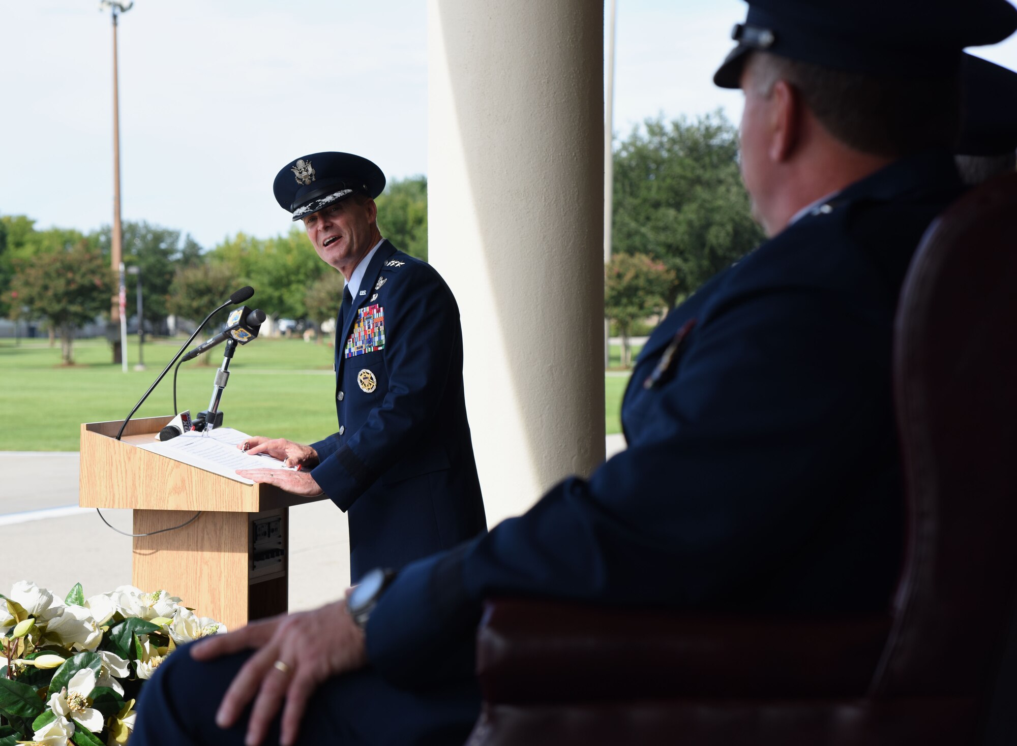 Lt. Gen. Darryl Roberson, commander of Air Education and Training Command, delivers remarks during the 2nd Air Force change of command ceremony at the Levitow Training Support Facility Aug. 23, 2017, on Keesler Air Force Base, Miss. Maj. Gen. Timothy Leahy took command of 2nd Air Force from Maj. Gen. Bob LaBrutta.  Leahy comes to Keesler from Air University at Maxwell AFB, Ala. (U.S. Air Force photo by Kemberly Groue)
