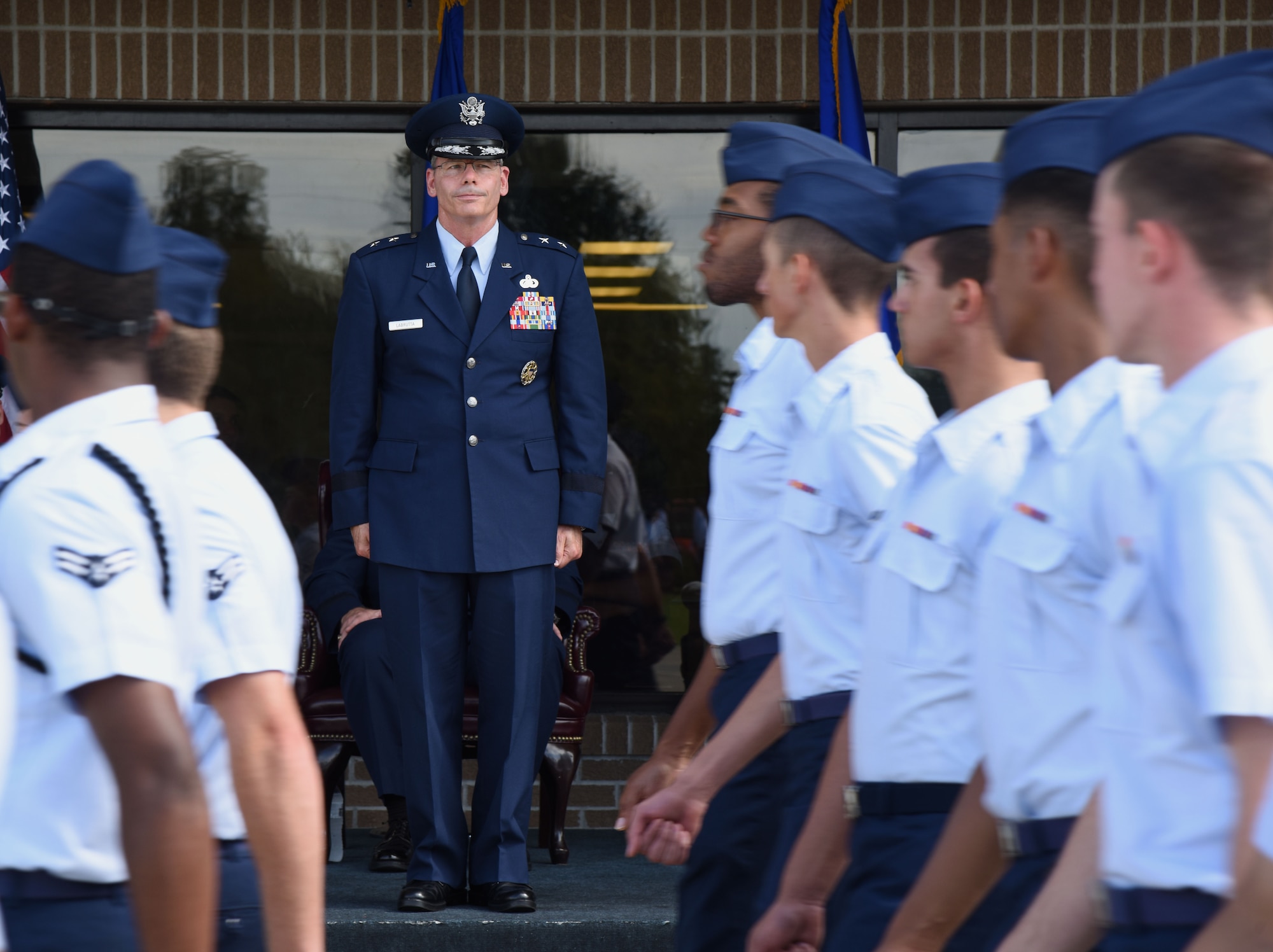 Maj. Gen. Bob LaBrutta, outgoing 2nd Air Force commander, stands at attention during pass and review during the 2nd AF change of command ceremony at the Levitow Training Support Facility Aug. 23, 2017, on Keesler Air Force Base, Miss. (U.S. Air Force photo by Kemberly Groue)