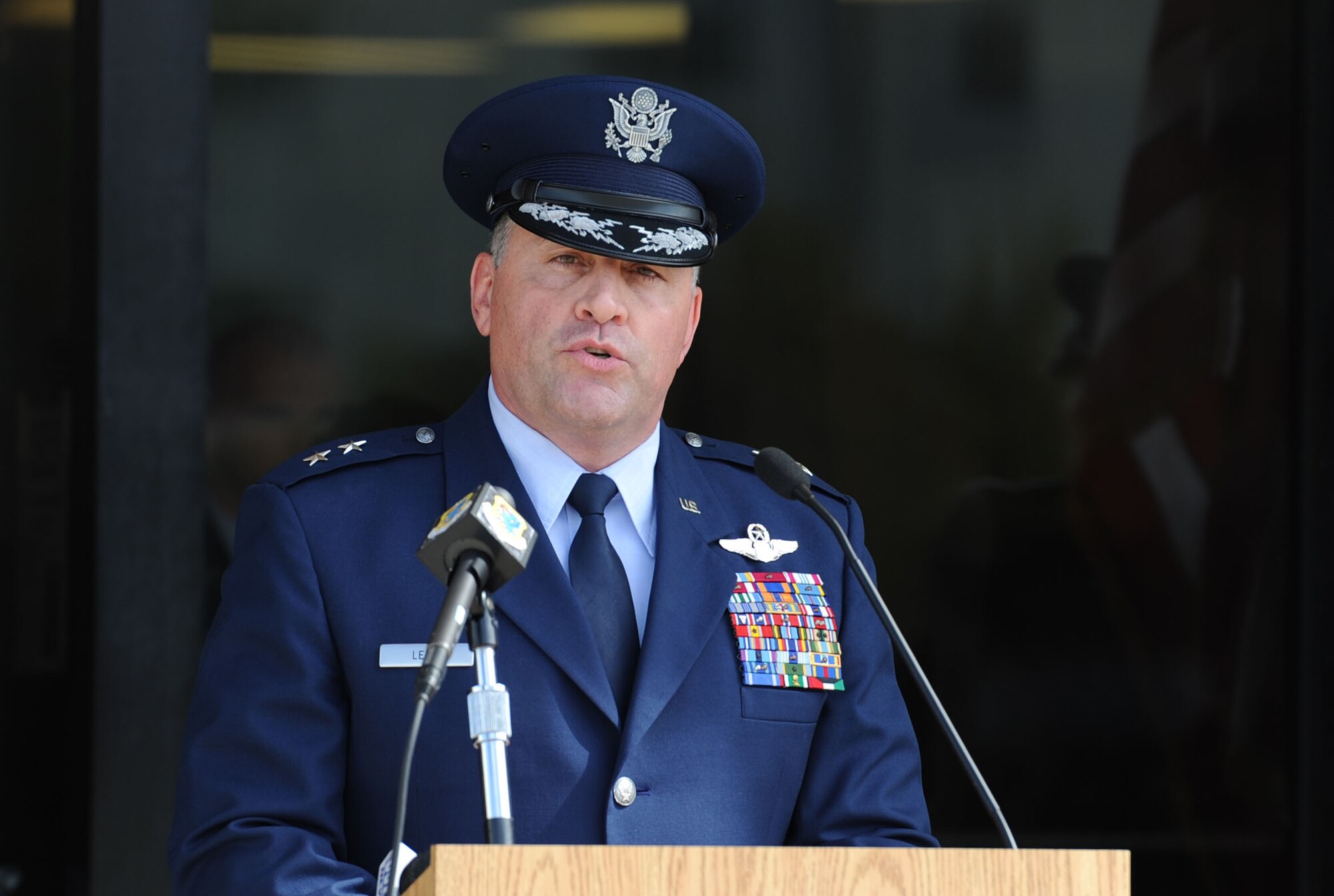 Maj. Gen. Timothy Leahy, 2nd Air Force commander, delivers remarks during the 2nd AF change of command ceremony at the Levitow Training Support Facility Aug. 23, 2017, on Keesler Air Force Base, Miss. (U.S. Air Force photo by Kemberly Groue)