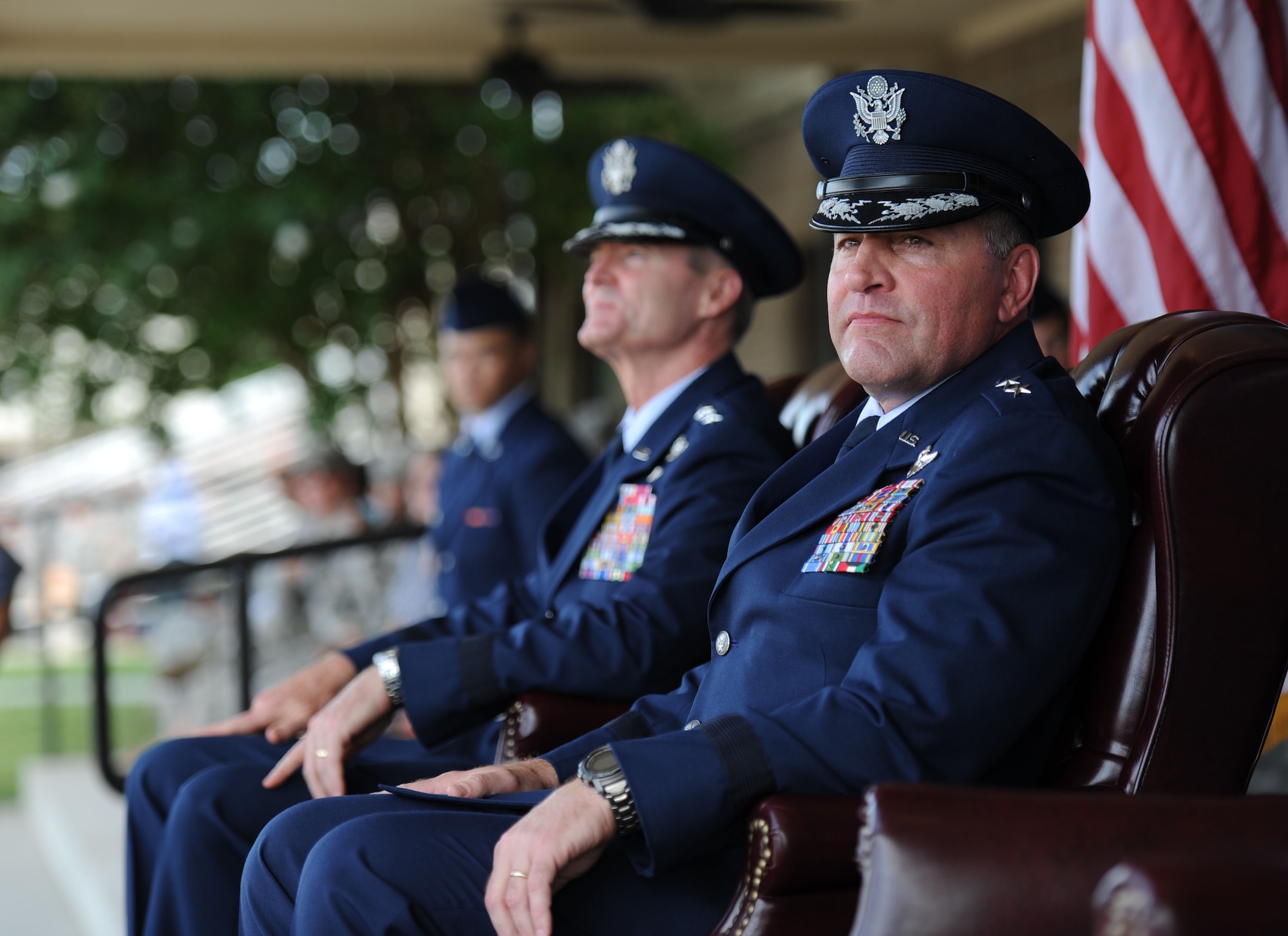 Maj. Gen. Timothy Leahy, 2nd Air Force commander, sits on stage during the 2nd AF change of command ceremony at the Levitow Training Support Facility Aug. 23, 2017, on Keesler Air Force Base, Miss. (U.S. Air Force photo by Kemberly Groue)