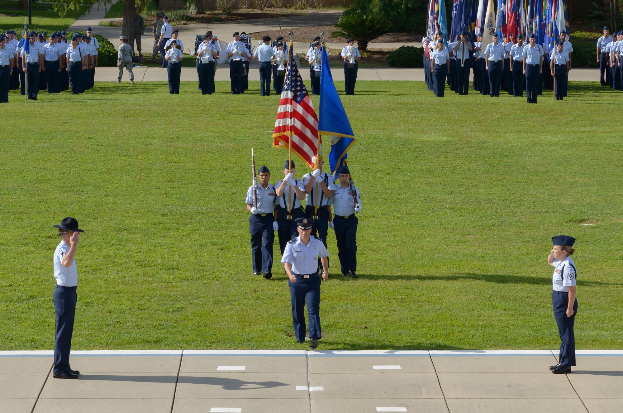 Col. Todd Weyerstrass, 2nd Air Force vice commander, leads the colors onto the parade field during the 2nd AF change of command ceremony at the Levitow Training Support Facility Aug. 23, 2017, on Keesler Air Force Base, Miss. (U.S. Air Force photo by André Askew)